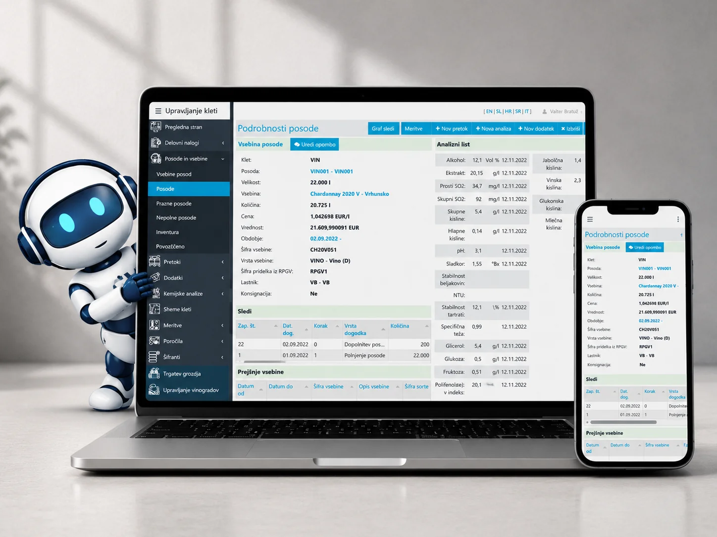 Assistant EVI inside the EVINAR application — guiding users through vessel details in the cellar