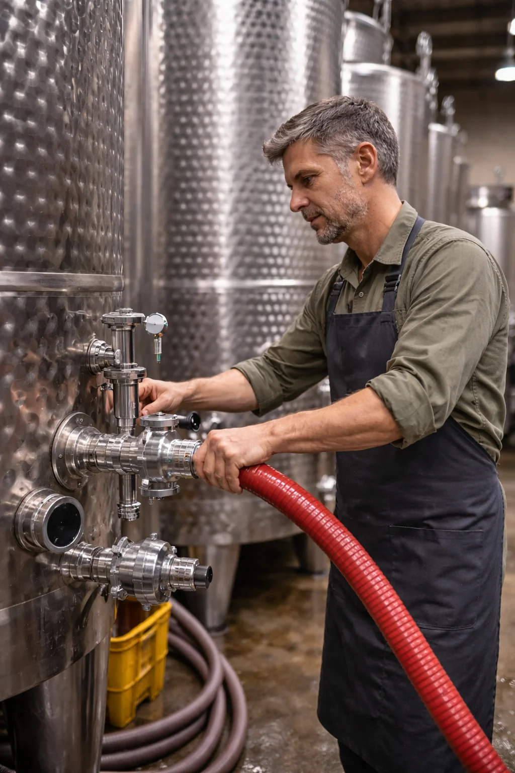 Cellar operator at work — wine transfer between vessels