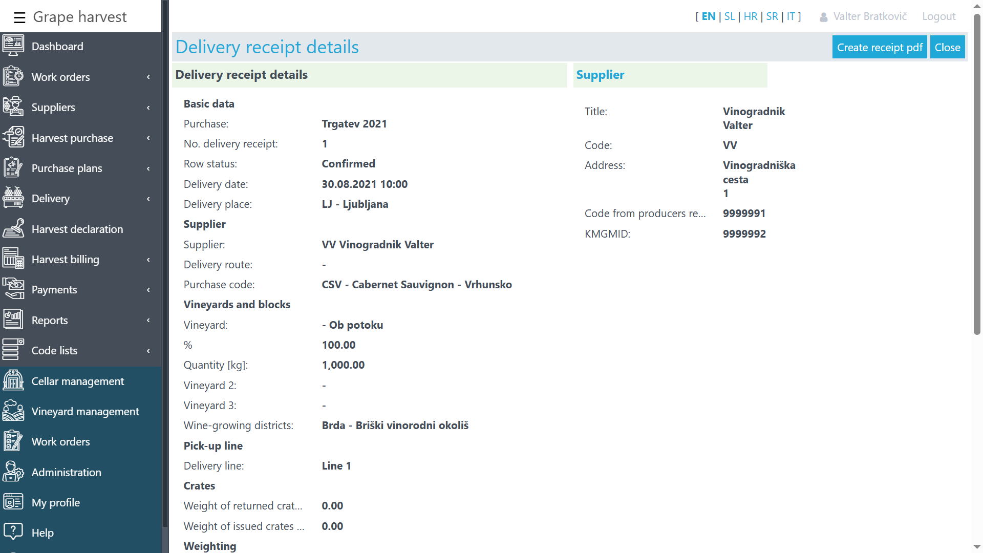 Details of the purchase certificate for received grapes.