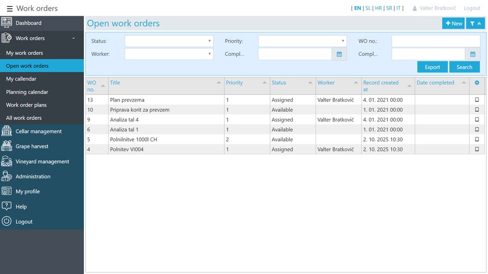 Open work assignments with the possibility of searching by various criteria.