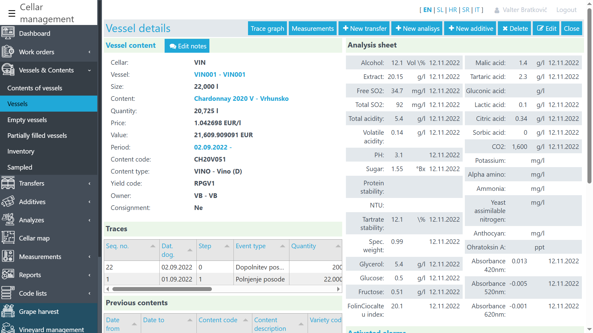 Overview of vessel contents with analyses, flows, additives, and process traceability Overview of vessel contents with analyses, flows, additives, and process traceability