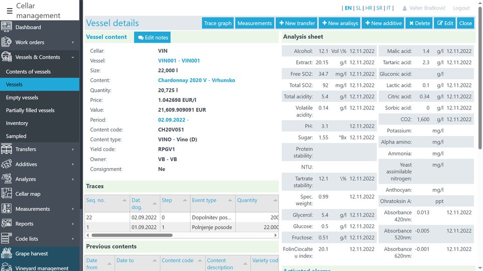 Barrel content details, analytical logs, flow and additive tracing