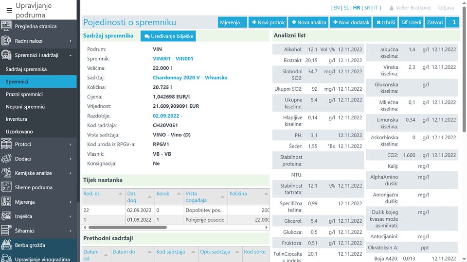 Pojedinosti o sadržaju spremnika, analitički zapisnik te slijed protoka sadržaja i dodataka