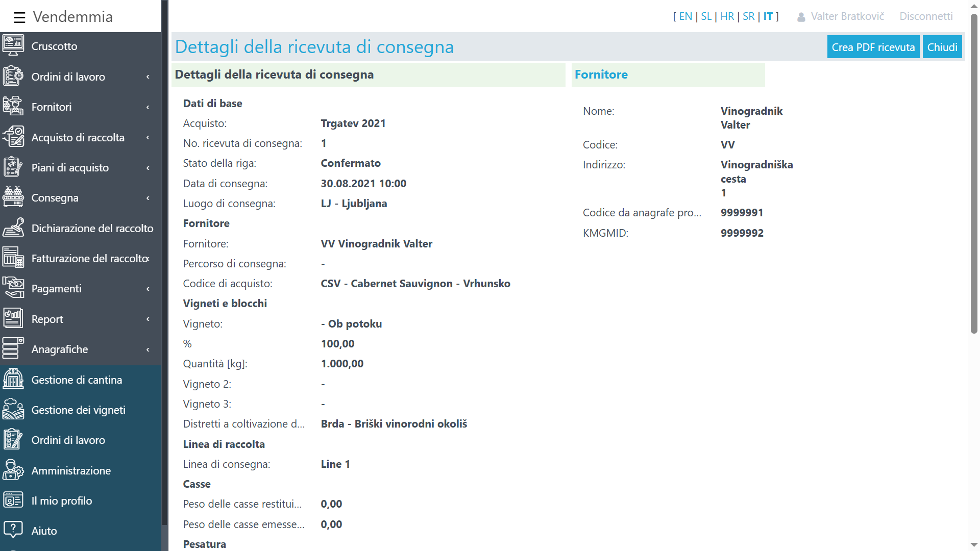 Dettagli del certificato di acquisto per le uve conferite.
