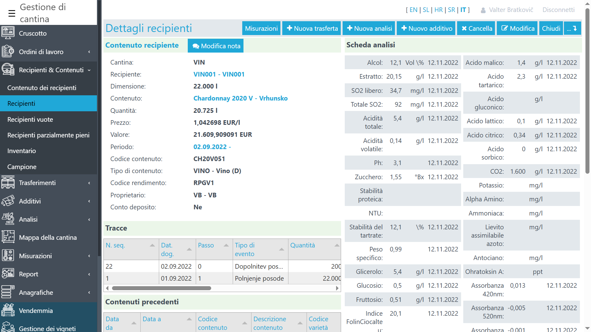 Panoramica del contenuto del contenitore con analisi, trasferimenti, additivi e tracciabilità dei processi Panoramica del contenuto del contenitore con analisi, trasferimenti, additivi e tracciabilità dei processi