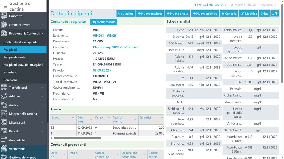 Dettagli del contenuto della botte, registri analitici, flusso e tracciamento additivi