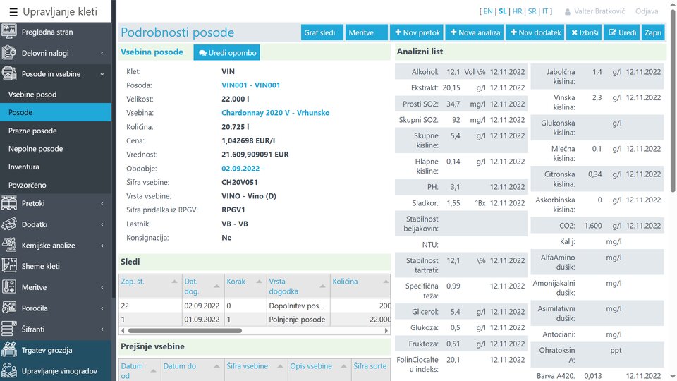Podrobnosti vsebine posode, analizni list ter sledi pretokov in dodatkov